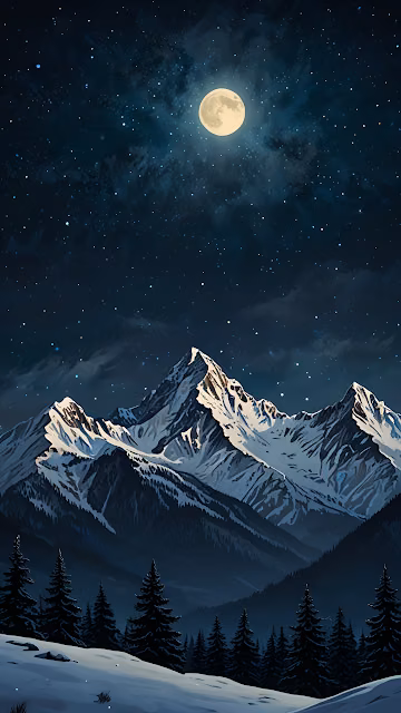 Full Moon Over Majestic Snowy Alpine Peaks at Night - Free 4K & 8K Mobile Wallpaper