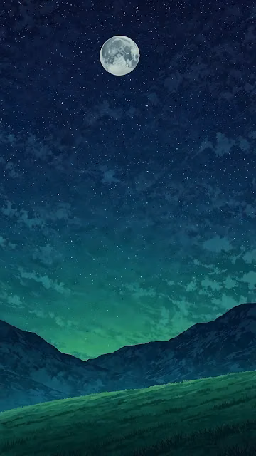 Full Moon and Starry Night Sky Over Grassy Hills - Free 4K & 8K Mobile Wallpaper