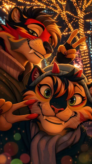 Two cheerful tiger-like anthro characters pose for a selfie flashing peace signs before glowing bokeh lights. Two smiling furry feline characters with face markings posing together in front of golden night lights.