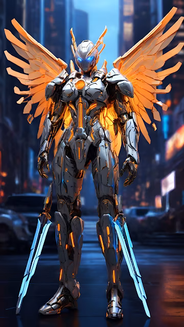 Futuristic Angel Mecha Robot Golden Wings City - Free 4K & 8K Mobile Wallpaper