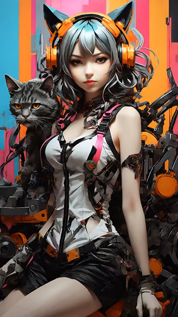 Futuristic Anime Style Portrait Techwear Girl and Tabby Cat - Free 4K & 8K Mobile Wallpaper