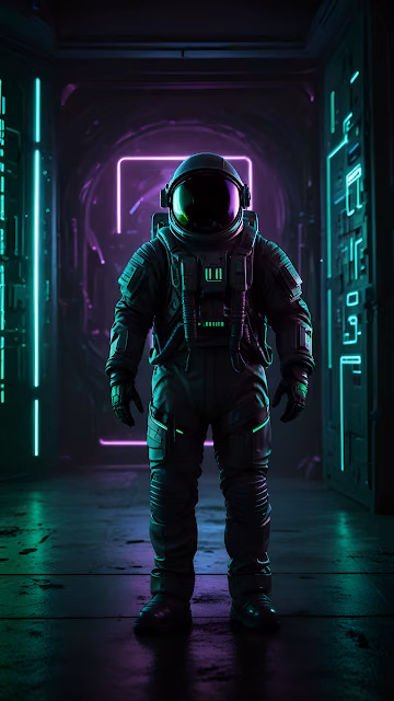 Futuristic Astronaut Suit in Dark Neon Cyberpunk Hallway - Free 4K & 8K Mobile Wallpaper