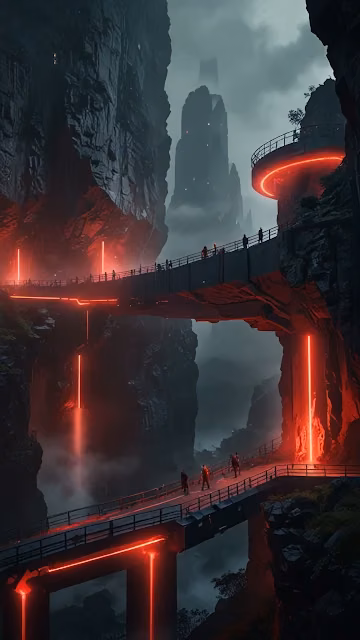 Futuristic Bridges with Red Lights in Misty Canyon - Free 4K & 8K Mobile Wallpaper
