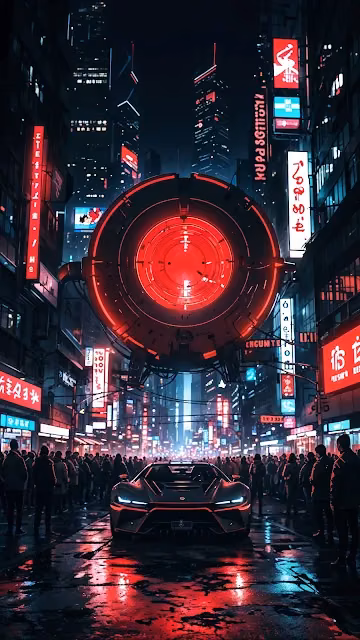 Futuristic Car Under Giant Red Orb in City - Free 4K & 8K Mobile Wallpaper