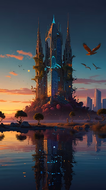 Futuristic Castle with Glowing Spire Reflected in Lake at Sunset - Free 4K & 8K Mobile Wallpaper