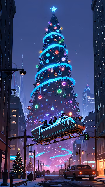 Futuristic Christmas Tree with Neon Lights in Cyber City - Free 4K & 8K Mobile Wallpaper