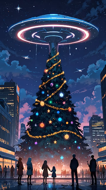 Futuristic Christmas Tree Under Flying Saucer - Free 4K & 8K Mobile Wallpaper