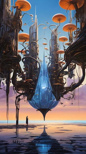 Futuristic City with Floating Blue Spire Amidst Giant Mushrooms - Free 4K & 8K Mobile Wallpaper