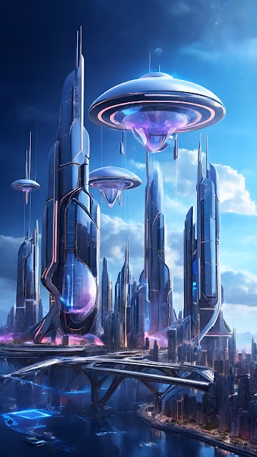 Futuristic City with Flying Saucers and Glass Skyscrapers - Free 4K & 8K Mobile Wallpaper