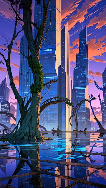 Futuristic City with Giant Tree Reflected in Water at Dusk - Free 4K & 8K Mobile Wallpaper