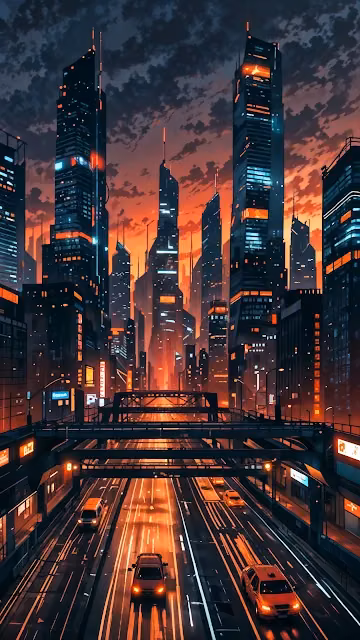 Futuristic City with Glowing Skyscrapers at Sunset - Free 4K & 8K Mobile Wallpaper