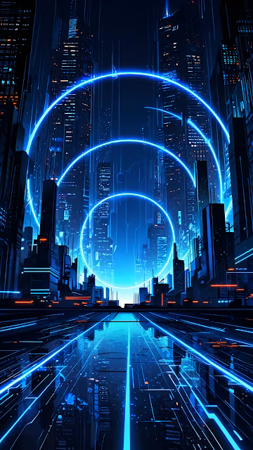 Futuristic city with glowing blue neon rings and wet streets - Free 4K & 8K Mobile Wallpaper