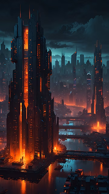 Futuristic city with glowing orange towers under stormy sky - Free 4K & 8K Mobile Wallpaper