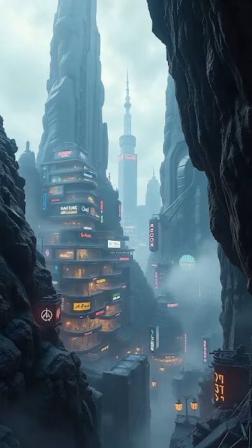Futuristic City Nestled in Misty Mountain Canyon - Free 4K & 8K Mobile Wallpaper