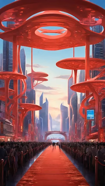 Futuristic city with red canopy structures and crowded red carpet - Free 4K & 8K Mobile Wallpaper
