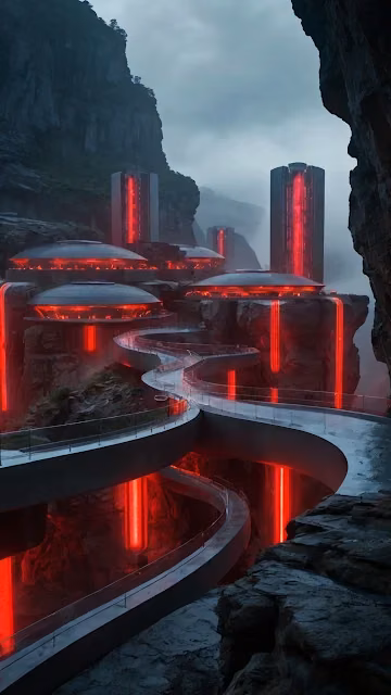 Futuristic City with Red-Lit Bridges in Canyon - Free 4K & 8K Mobile Wallpaper