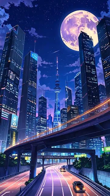 Futuristic city skyline under giant moon with glowing highways - Free 4K & 8K Mobile Wallpaper