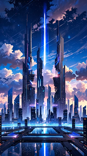 Futuristic City with Towering Skyscrapers and Cosmic Beam - Free 4K & 8K Mobile Wallpaper