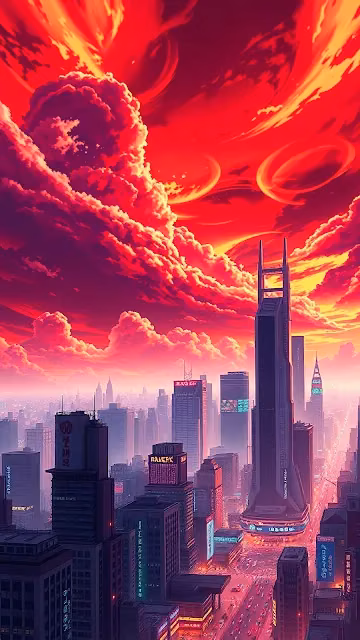 Futuristic City Under Fiery Red Sunset Sky - Free 4K & 8K Mobile Wallpaper