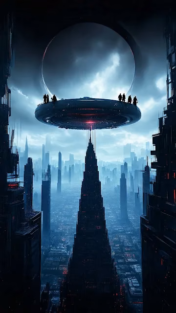 Futuristic City Under Floating UFO with Figures - Free 4K & 8K Mobile Wallpaper