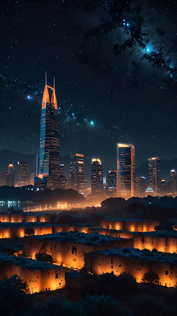 Futuristic Cityscape Ancient Ruins Night Sky - Free 4K & 8K Mobile Wallpaper