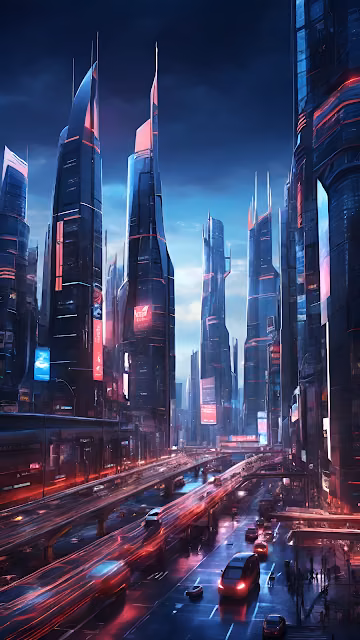 Futuristic Cityscape with Neon Skyscrapers and Light Trails - Free 4K & 8K Mobile Wallpaper