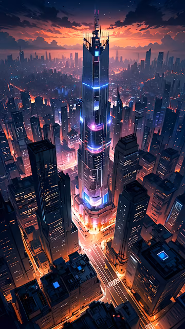 Futuristic Cityscape at Sunset with Glowing Skyscraper - Free 4K & 8K Mobile Wallpaper