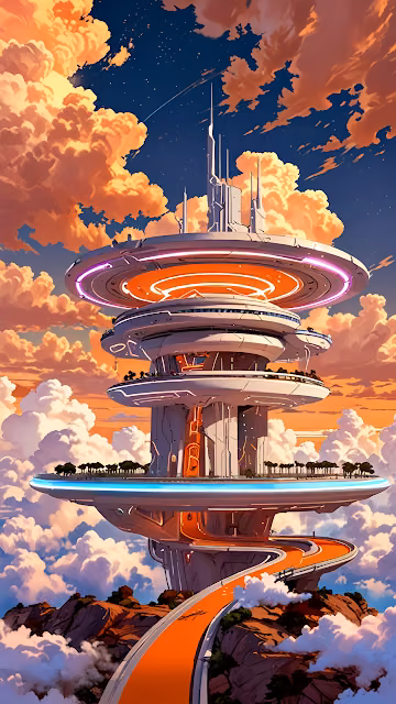 Futuristic Cloud City Tower with Orange Sky Road Anime Style - Free 4K & 8K Mobile Wallpaper