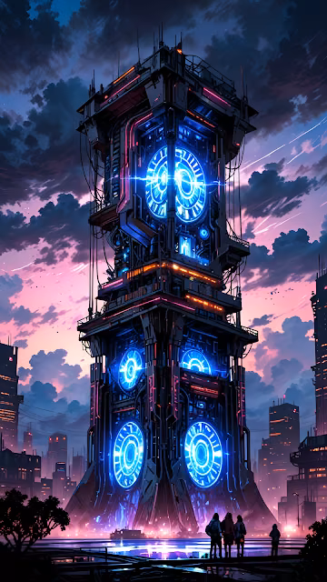 Futuristic Cyberpunk Clock Tower City Neon Lights Structure - Free 4K & 8K Mobile Wallpaper