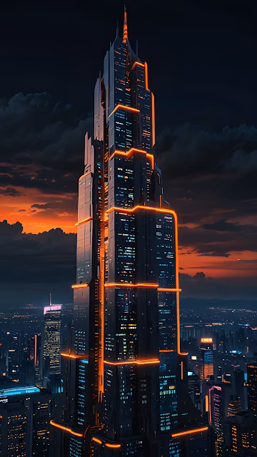 Futuristic Cyberpunk Skyscraper Orange Neon Cityscape Art - Free 4K & 8K Mobile Wallpaper