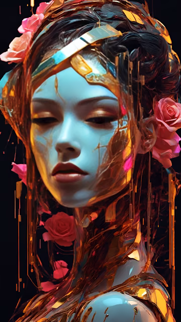 Futuristic Cyborg Woman Portrait Gold and Roses Digital Art - Free 4K & 8K Mobile Wallpaper