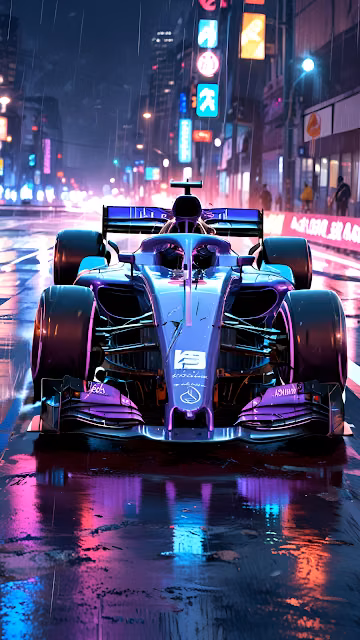 Futuristic Formula Car on Rainy Neon City Street - Free 4K & 8K Mobile Wallpaper