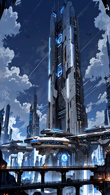 Futuristic Megastructure Skyscraper with Neon Blue Accents - Free 4K & 8K Mobile Wallpaper