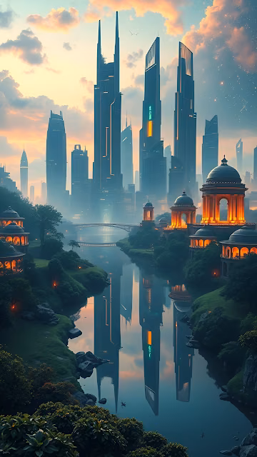 Futuristic Metropolis Reflected in River with Ancient Pavilions - Free 4K & 8K Mobile Wallpaper