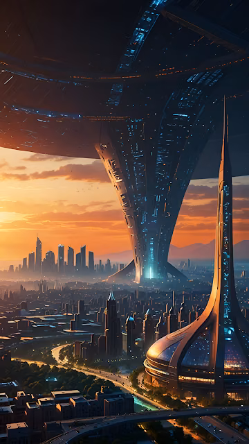 Futuristic Metropolis Sunset Orbital Ring Structure - Free 4K & 8K Mobile Wallpaper