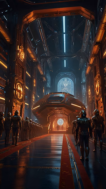Futuristic Military Troops Marching Sci-Fi Hangar Corridor - Free 4K & 8K Mobile Wallpaper
