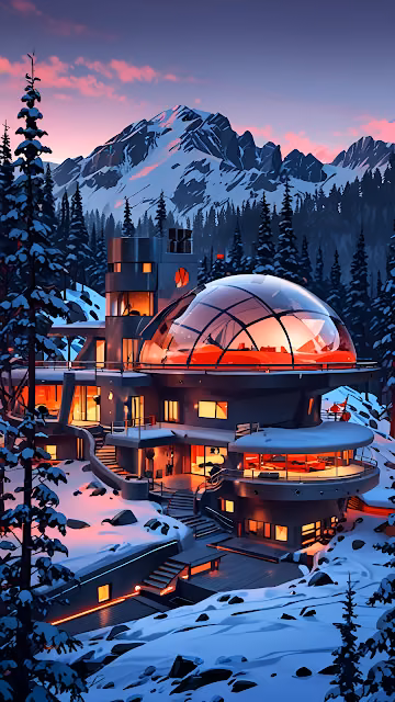 Futuristic Mountain Lodge at Twilight with Glowing Dome - Free 4K & 8K Mobile Wallpaper