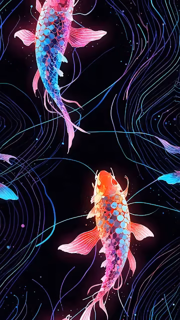 Futuristic Neon Koi Fish Swimming in Dark Water Art - Free 4K & 8K Mobile Wallpaper