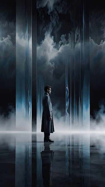 Futuristic Noir Man Reflective Surface Dark Cloud Pillars - Free 4K & 8K Mobile Wallpaper