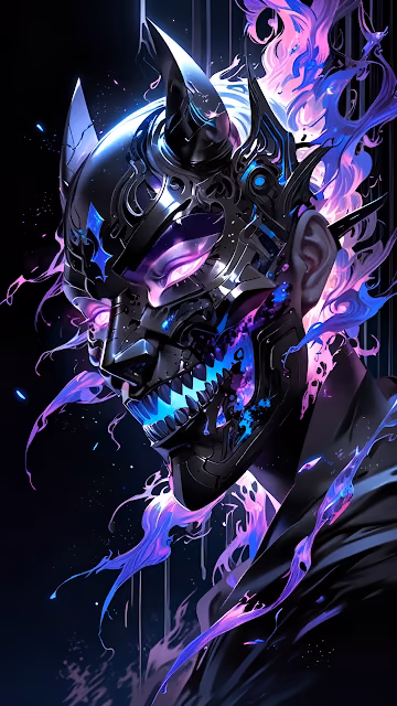 Futuristic Oni Mask Neon Flames Dark Cyberpunk Aesthetic - Free 4K & 8K Mobile Wallpaper