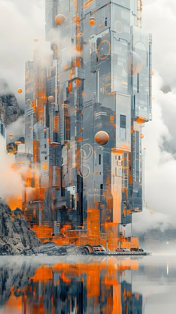 Futuristic Orange Data Stream Skyscraper Reflection Art - Free 4K & 8K Mobile Wallpaper