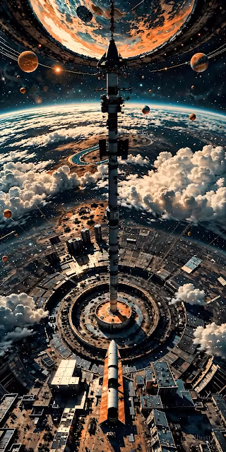 Futuristic Orbital City Launch Tower Above Cloudy Earth View - Free 4K & 8K Mobile Wallpaper