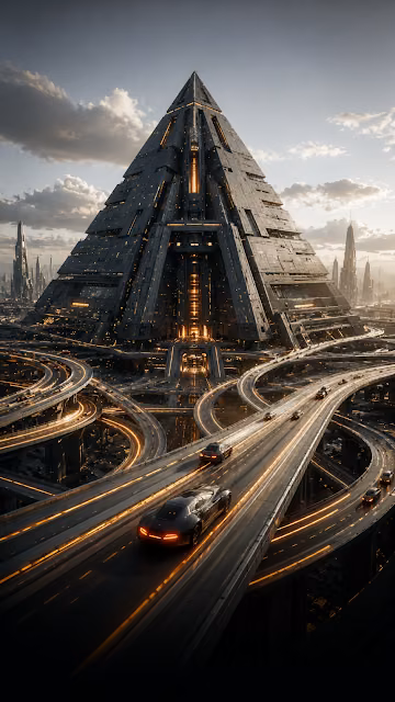 Futuristic Pyramid Skyscraper with Elevated Multi Tier Highways - Free 4K & 8K Mobile Wallpaper