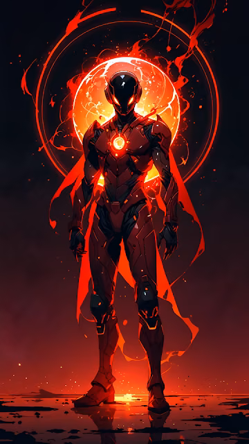 Futuristic Red Armored Hero Against Fiery Solar Orb - Free 4K & 8K Mobile Wallpaper