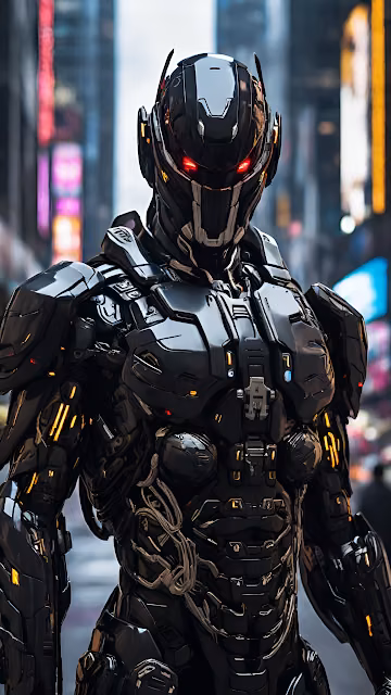 Futuristic Robot with Glowing Red Eyes in City Street - Free 4K & 8K Mobile Wallpaper
