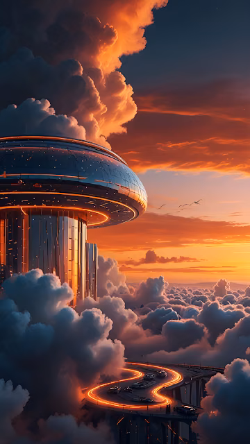 Futuristic Skyscraper City Above Clouds at Sunset - Free 4K & 8K Mobile Wallpaper