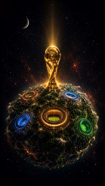 Futuristic Soccer Planet with Stadiums and Trophy Wallpaper - Free 4K & 8K Mobile Wallpaper