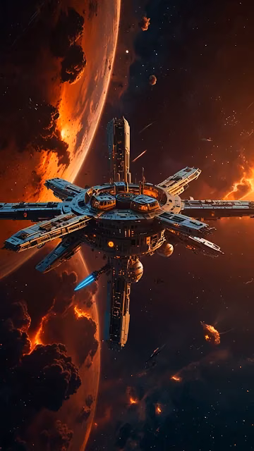 Futuristic Space Station Orbiting Fiery Planet - Free 4K & 8K Mobile Wallpaper