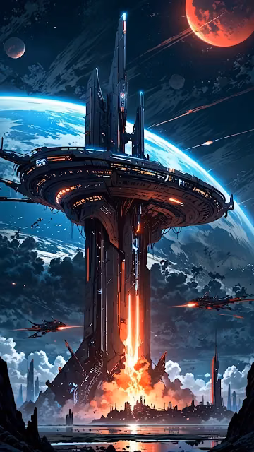 Futuristic Space Tower Above Planet with Red Moon - Free 4K & 8K Mobile Wallpaper