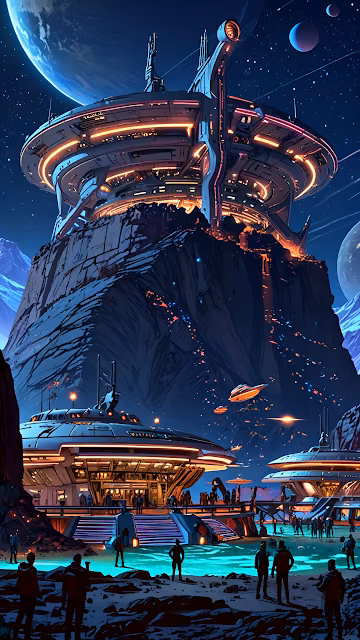Futuristic Spaceport Base on Alien Planet Cliff - Free 4K & 8K Mobile Wallpaper
